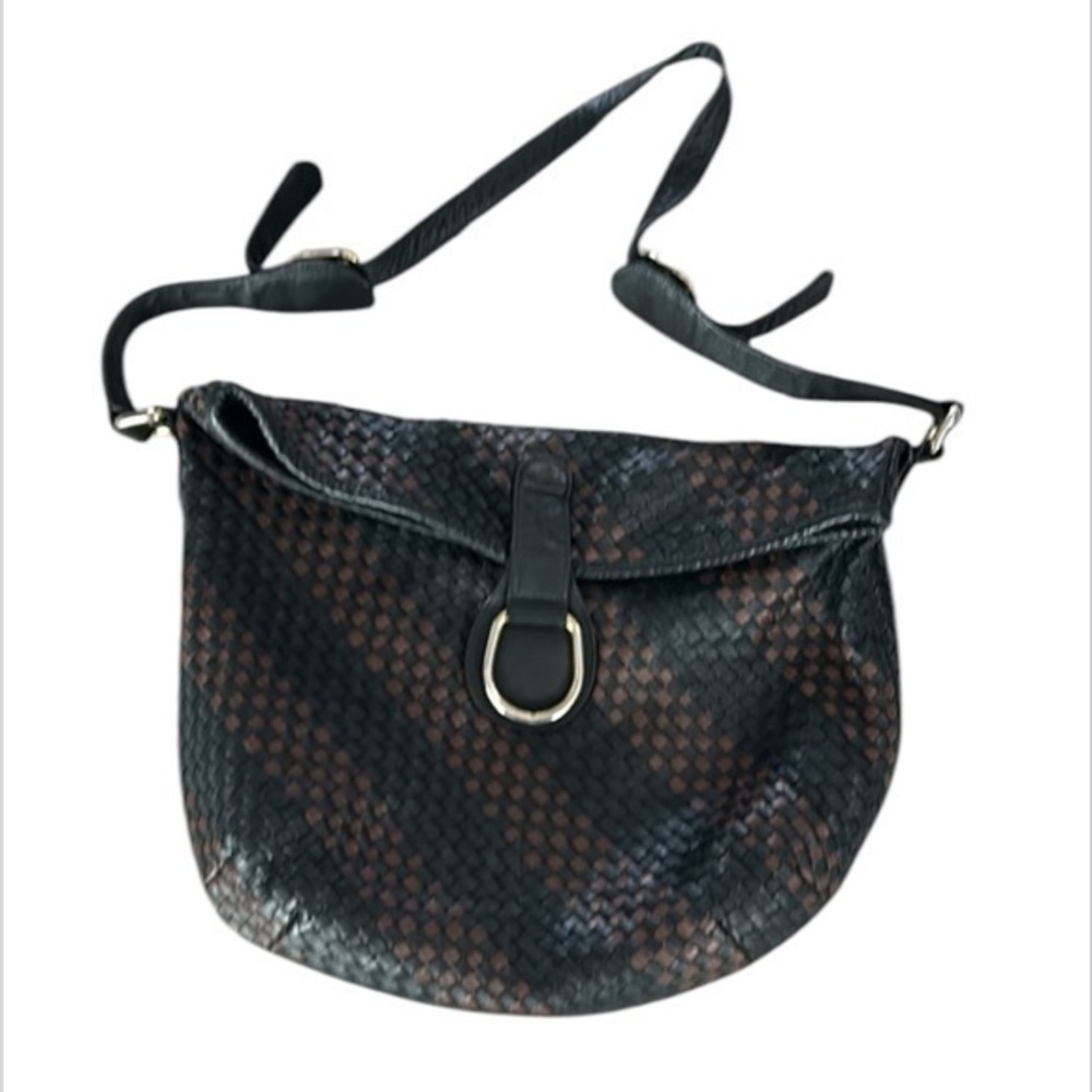 Ganson Leather woven bucket bag shoulder carry large brown black